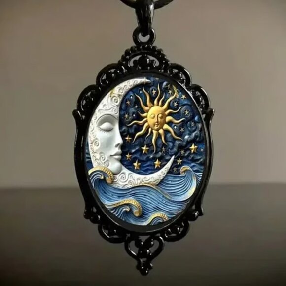 Black Vintage Style CELESTIAL Sun Moon Pendant Necklace - Picture 1 of 5